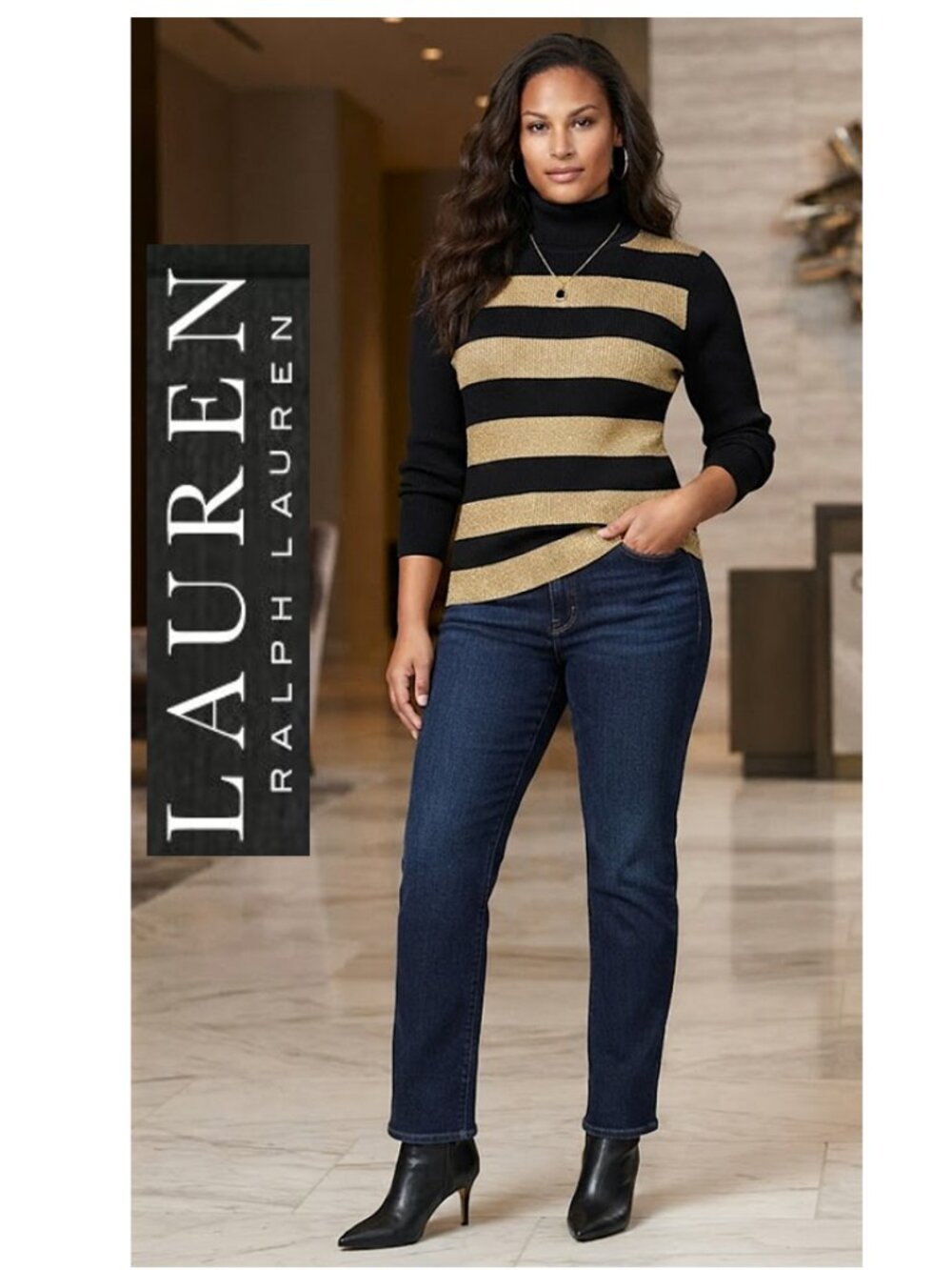 Lauren by Ralph Lauren - Black & gold long sleeve striped turtleneck sweater